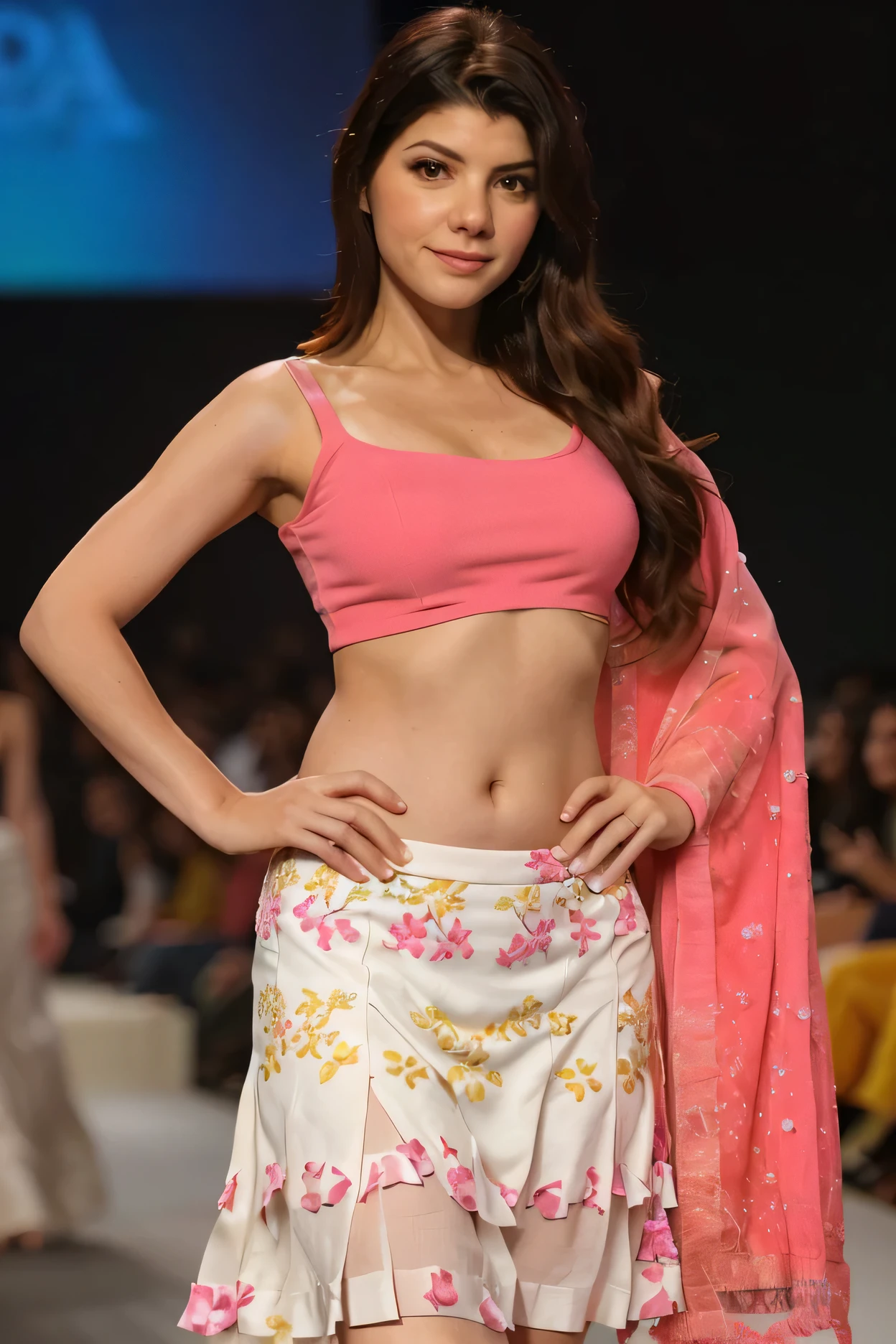 marisa tomei walks the ramp in a pink and white outfit, indian super model, very beautiful enga style, wearing crop top, gorgeous figure, candid photo, with lovely look, skinny waist and thick hips, wearing crop top and miniskirt, very attractive and beautiful, beautiful midriff, candid!! dark background, gorgeous woman, wearing beautiful clothes, wearing gorgeous clothing