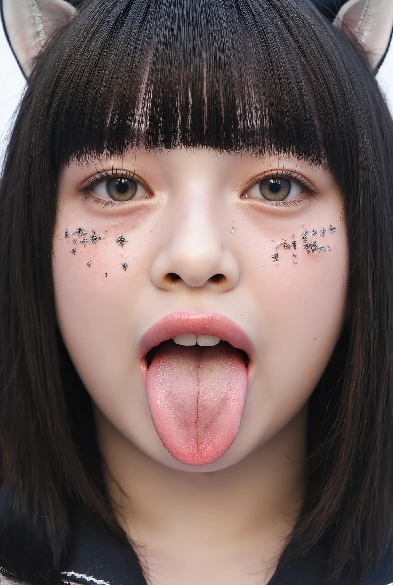  young woman、 well-equipped skeleton  、Lots of saliva and runny nose 、、 Cat ears、Emma Myers、stretch out your tongue 、Tongue fetish、  wearing a high school girl uniform  、 makeup skin  、smile、 very finely made needles 、I Sweated, growing skin 、 Smooth, Straight Hair 、 Sweaty skin、 Realistic shadows、A woman in heat、Beautiful Tongue、  grins 、  ID photo composition  、Woman's mouth 、 bright lighting 、Clear photo、Perfect Pinto  、a closeup on the   skin pores on the chin of a young female, (open your mouth),   focuses on the lips  (  skin pores, defect, Small freckles [そしてモグラ]:1.4) 、Woman&#39;s tongue, Mouth and teeth、 super high image quality in the oral cavity 、School girl clothes(ribbons、  shirt、)、Photo taken from chest up