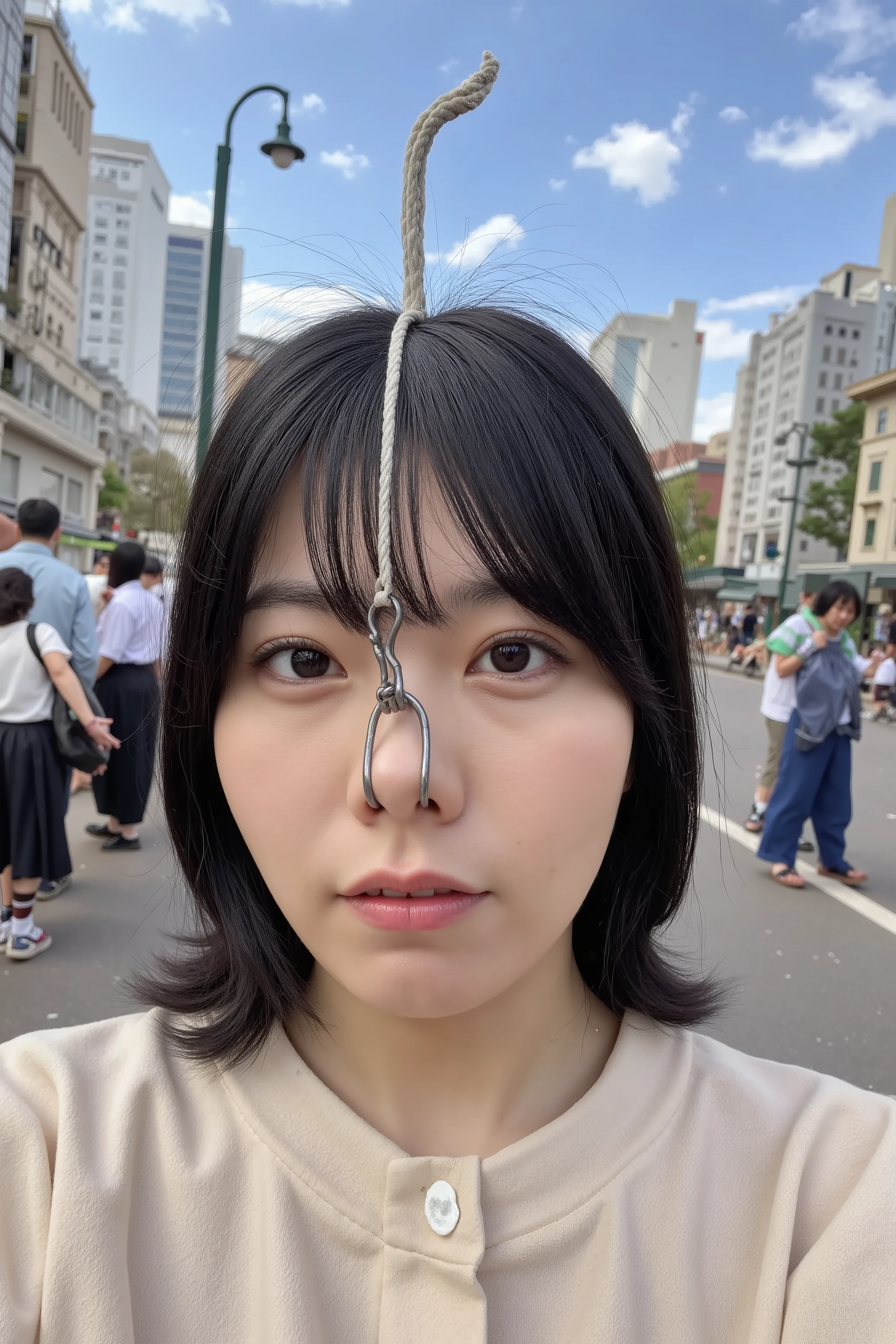The high resolution photograph of a Japanese young woman standing. selfie, pale skin, fine-textured skin, black hair with bangs, detailed face, detailed eyes, sophisticated nose, (nose hook with strap wrapped around top of head:1.2), sensual face, close-up of her head, face focus, facing up, looking up at the viewer, front view, outdoors, busy downtown, crowds, blue sky and clouds,,,photo-realistic, realistic, masterpiece, amazing quality, intricate details, natural lighting, details description,