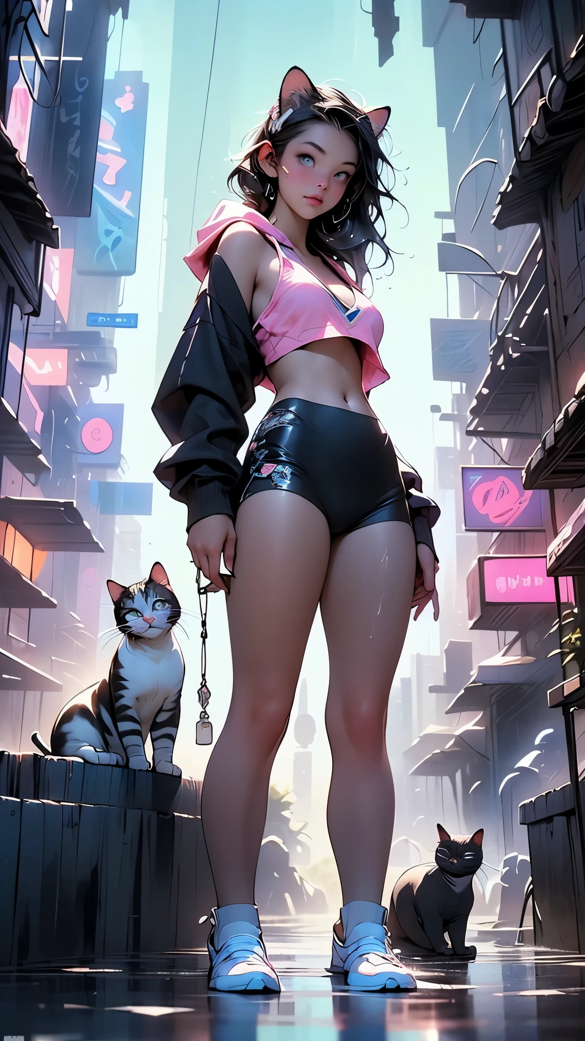 girl spacepunk,(1girl),((beautiful girl with cute cat ears)),
(large breasts:1.4),saggy breasts,((black hair,black messy hair,colored inner hair,long hair:1.5,absurdly long unkempt hair:1.35,long black hair,ear breathing,intricate cut hair)),((((cat ears,cat ears on head,big cat ears)))),(((neon_pink_eyes:1.3))),intricate eyes,beautiful detailed eyes,symmetrical eyes,((fat)),(((lustrous skin:1.5,bright skin: 1.5,skin tanned,shiny skin,very shiny skin,shiny body,plastic glitter skin,exaggerated shiny skin,illuminated skin,wet legs))),(spider lower abdomen,narrow waist,wide hip,athletic body,inflated legs,detailed body,(detailed face)),
cute,slutty,seductive,erotic,(((nsfw))),
(graffiti art in clothes),zettai ryouiki,revealing clothing,show skin,((((underboob)))),((cleavage)),(semi-naked,with little clothing),((tiny thong, armor thong intricate)),(large sport socks,visible thong straps,no bra),((underpants strap)),((((crop top hoodie,cropped hoodie,hoodie,hoodie intricate)))),(((wet clothes,intricate outfit,intricate clothes))),
(dynamic pose:1.0),solo focus,embarrassed,(centered,scale to fit dimensions,Rule of thirds),
cyberpunk city by the ocean at night, with bright neon signs and dark stormy clouds and puddles, scenery:1.25,nighttime, starry night, cosmos,Very dark night that makes the neon lights stand out, very bright neon lights,nighttime, starry night, cosmos,
artistic photography,(photography taken by sldr),highres, sharp focus,(ultra detailed, extremely detailed), (photorealistic artwork:1.37),(extremely detailed CG unity 8k wallpaper),((synthwave background theme)),(((vibrant colors))),intricate,(intricate background),(masterpiece),(best quality),perfect rendered face,perfect face details,realistic face,photo realistic,analog style,((intricate detail)),(((realism))),