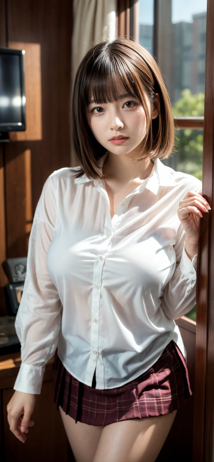 (8k, best quality, masterpiece:1.2), (realistic, photo-realistic:1.37), ultra-detailed, 1 girl,cute, solo,beautiful detailed sky,detailed cafe,night,sitting,dating,(nose blush),(smile:1.15),(closed mouth) small breasts,beautiful detailed eyes,(collared shirt:1.1), night, wet,business attire, rain,white lace, (short hair:1.2),floating hair NovaFrogStyle,