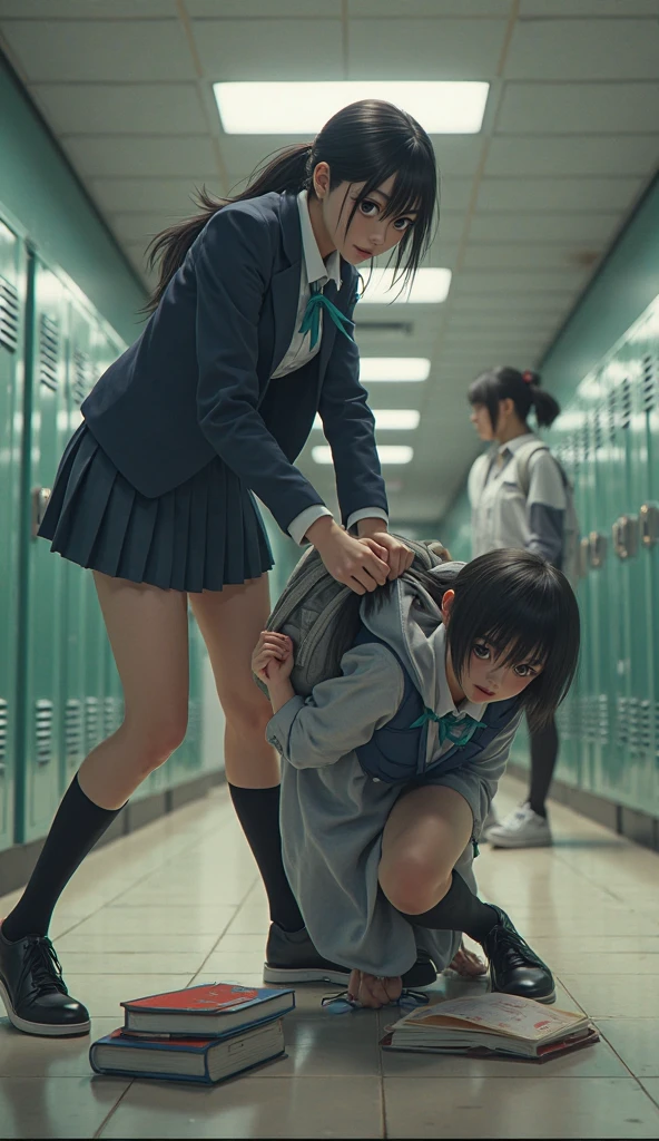 Group of school girls stepping on boy's head in toilet