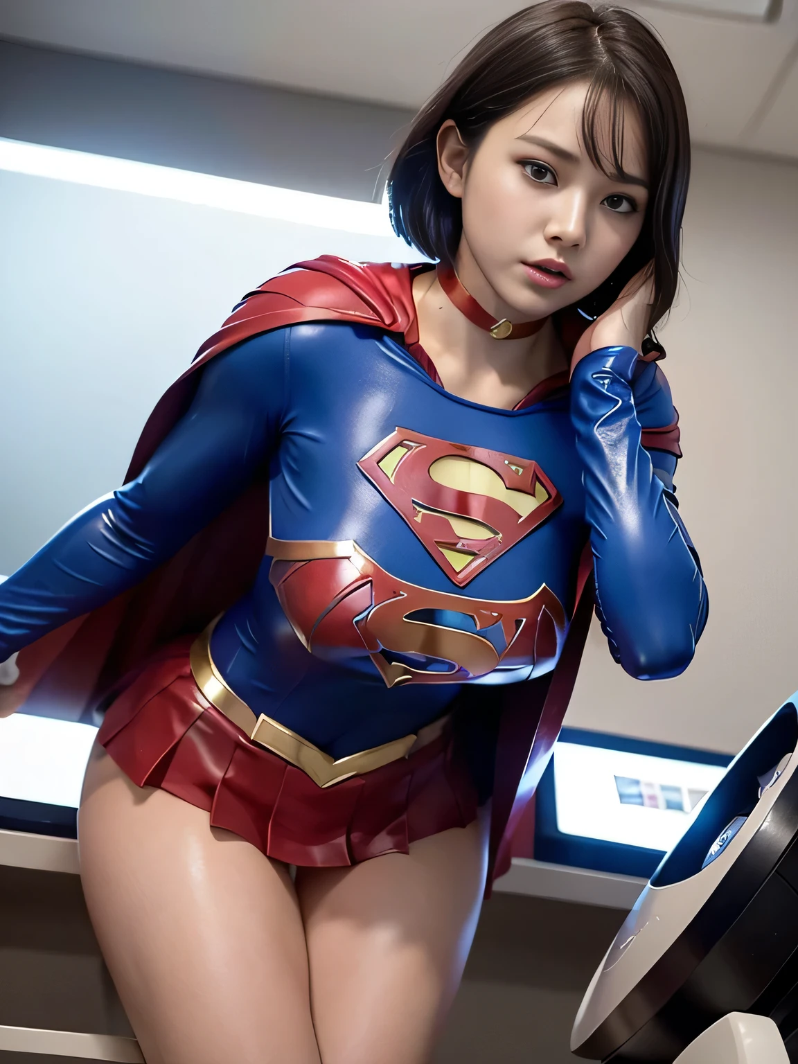 masterpiece、Supergirl costumes、short hair、barefoot、big and full breasts、Experimental Facilities、operating table、straddle、damaged、shiny、look at the camera、Seduce、choker、long sleeve、red mini skirt