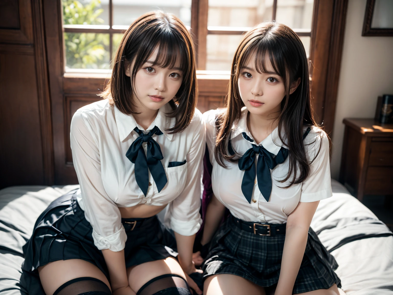8K, RAW portrait of (Women in Japan),masterpiece、Photorealsitic:1.3、photographrealistic, 超A high resolution, Best Quality, Real life photography ,( At night :1.1),
2girls, (((Two girls showing off their panties in the bedroom late at night:1.3)))、(kawaii faces:1.4)、very cute japanese girl,((Japanese high school girl))、((Realistic Schoolgirl))、((School uniform、Plaid pleated skirt、a bow tie))、 Long hair,,Slender body,、inside in room、
Big beautiful detailed eyes, Black hair,(depth of fields:1.3),、((Disheveled clothes:1.3))、 ((dark-brown eyes:1.5))、(Authentic skin texture:1.3)、(Immersive atmosphere:0.8、Chiaroscuro:1.2) 、(looking at viewert)、Looking at the camera、Look at viewers、((embarrassed from:1.5))、A smile:0.3、((Reddened cheeks:1.3))、((Ceiling from below:1.2))、(The body is facing the camera:1.5)、((Wear very small silk panties:1.4))、((up skirt))、((Woman Pulling Up Her Skirt))、((Spread your legs to the sides:1.4))、((frombelow:1.4))、((Close-up in panties:1.5))、((pantie shot:1.4))