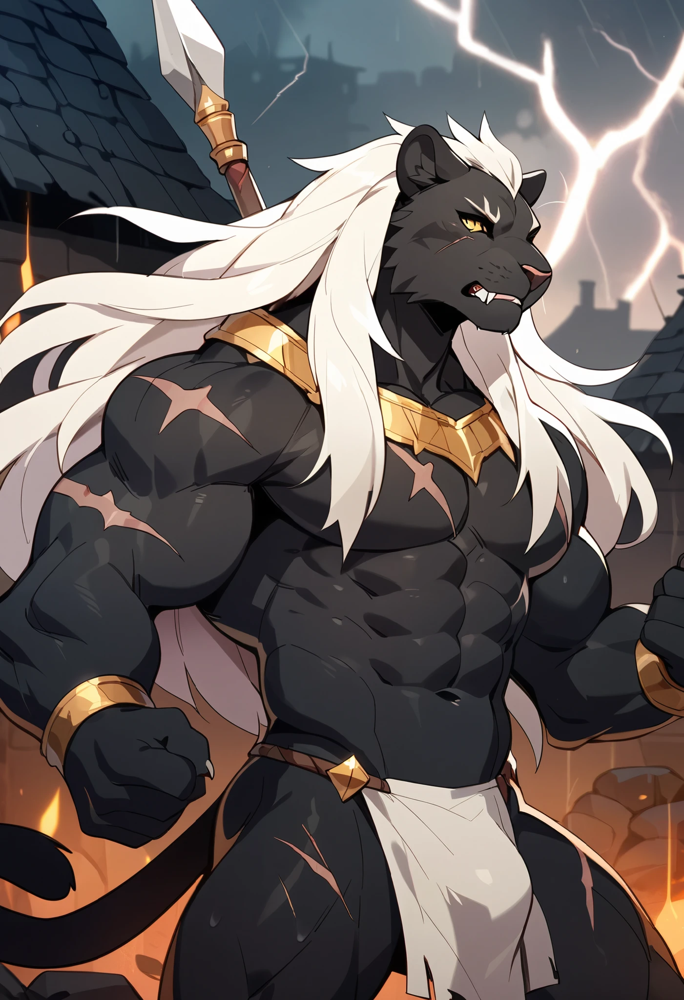 Solo, cute black panther male, yellow eyes, snout, Man bodybuilder physique, steroid like very strong body type, big chest muscle, masculine, very muscular, white long hair, top knot hair, snarling, feline teeth, scar on left eye, scars and cut wounds on body, naked, wearing white loincloth with bulge, muscles flexing, holding a spear, in a dark destroyed village, thunderstorm, by fumiko, by hyattlen, by gudlmok99