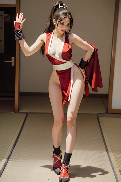 (mai shiranui:1.4), (tabi:2.0), (toe:1.2), (Full body portrait:2.0), Full body, (Realism), (masutepiece:2.0), (Best Quality), (ultra-detailliert), (8K, 4K, Convoluted), (Flat Lighting:1.2), (skinny), Prestige, Brown eyes, Long hair, brown eyes, long hair, brown hair, white ribbon, sleeveless, ponytail, sash, pelvic curtain, arm guards, gloves, tabi, fascinated expression, Sexy eyes, slim, medium breasts, Smile, Cute, view the viewer, Long hair, Close to Japan temple, (breasts focus:1.2), (Realistic:1.2), (Full Shot: 1.2), (85 mm), light Particle, Lighting, (Highly detailed:1.2), (Detailed face:1.2), (gradients), SFV, Colorful, (Detailed eyes:1.2), (Detailed temples of Japan: 1.2),(Detailed background), (Dynamic Angle:1.2), (Dynamic Pose:1.2), (Line of action:1.2), Wide Shot, Daylight, Solo.