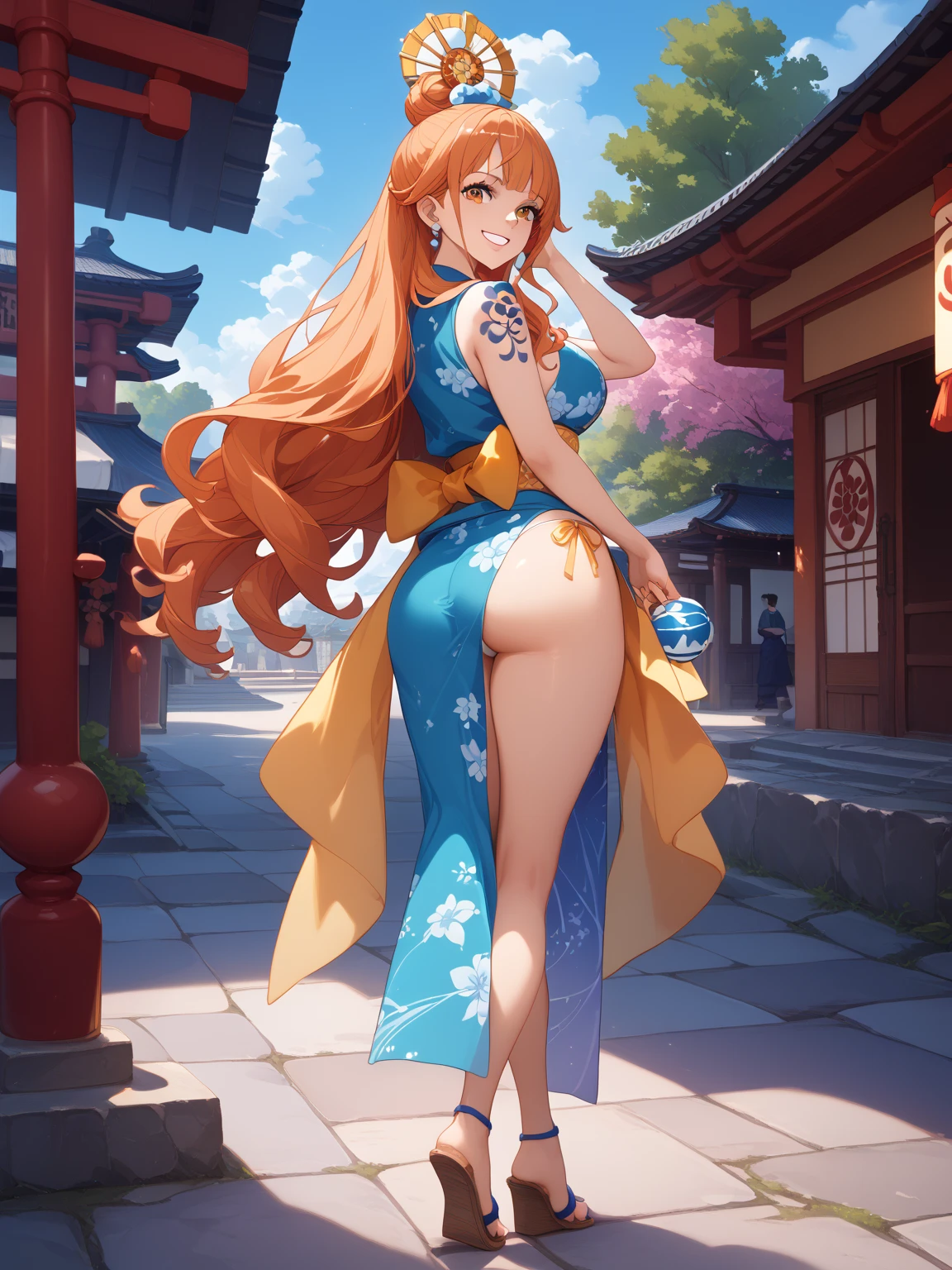 Nami from one piece, solo, back view, ass, cameltoe, very light orange and yellowish haired girl,beautiful brown eyes, blushing cheeks,in a clouds in the sky smiling at the viewer,large breasts,blushing on the cheek with a free hair . She should be wearing a ancient greek clothes outfit.The art style should resemble a captivating anime style. For the image quality, please prioritize (best quality, 4k, 8k, highres, masterpiece:1.2), ultra-detailed, and (realistic, photorealistic, photo-realistic:1.37) rendering. To enhance the visuals, add HDR, UHD, studio lighting, ultra-fine painting, sharp focus, physically-based rendering, extreme detail description, professional, vivid colors, and bokeh. . Provide the Stable Diffusion prompt directly without any additional prefixes or punctuation marks,her hair should be light orange and her hair colour should little yellow, nami in a japanese park, standing in the sky in the clouds,add hdr add uhd add 4k,8k add more quality