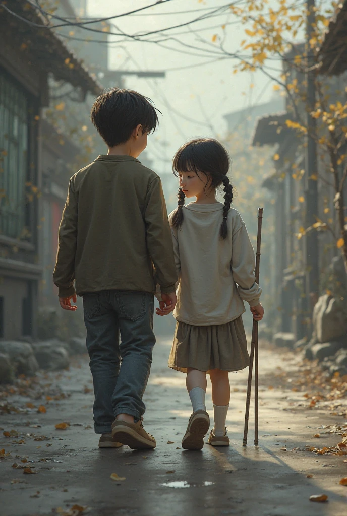 Boy and girl holding hands and they have no faces. The background is a little sad and everything to be super realistic