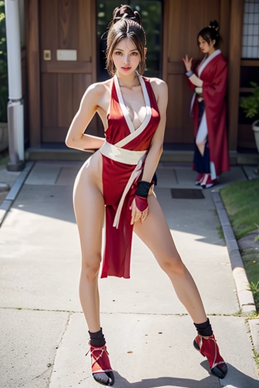 (mai shiranui:1.5), (tabi:1.7), (Full body portrait:1.7), (Realism), (master piece:1.5), (Best Quality), (ultra-detailliert), (8K, 4K, Convoluted), (Flat Lighting:1.2), (skinny), Prestige, Brown eyes, Long hair, brown eyes, long hair, brown hair, white ribbon, sleeveless, ponytail, sash, pelvic curtain, arm guards, gloves, tabi, fascinated expression, Sexy eyes, slim, medium breasts, Smile, Cute, view the viewer, Long hair, Close to Japan temple, (breasts focus:1.2), (Realistic:1.2), light Particle, Lighting, (Highly detailed:1.2), (Detailed face:1.2), (gradients), SFV, Colorful, (Detailed eyes:1.2), Detailed temples of Japan, Detailed background, (Dynamic Angle:1.2), Dynamic Pose, (Line of action:1.2), Wide Shot, Daylight, Solo.