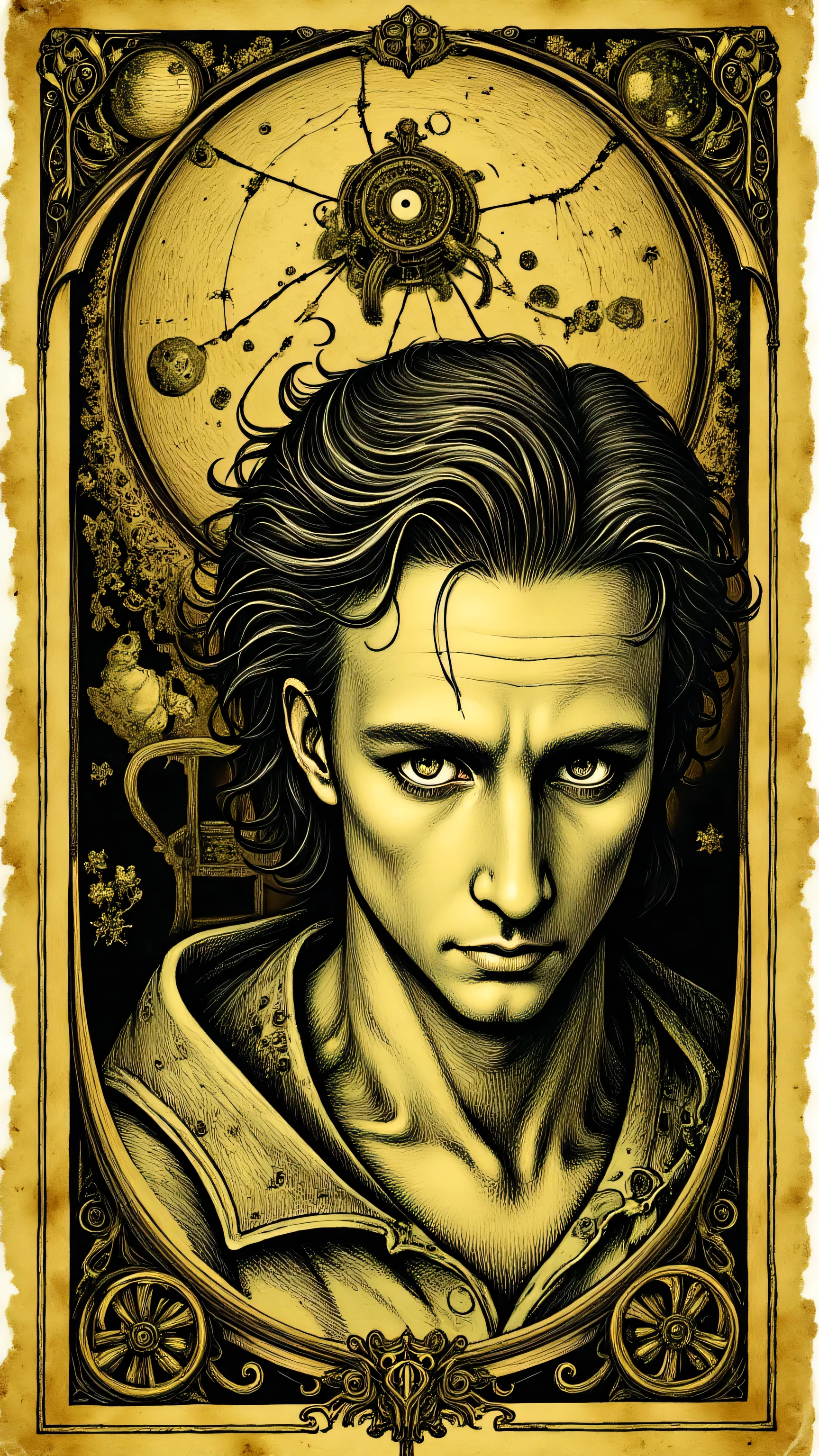 A young man looks at us nervously. There is a scary background . Furniture in the background scattered and broken. Moonlight hits through broken window . There is blood in some places . The man looks very nervous and sneaky with his eyes. Let the picture look like it was drawn on yellow paper .