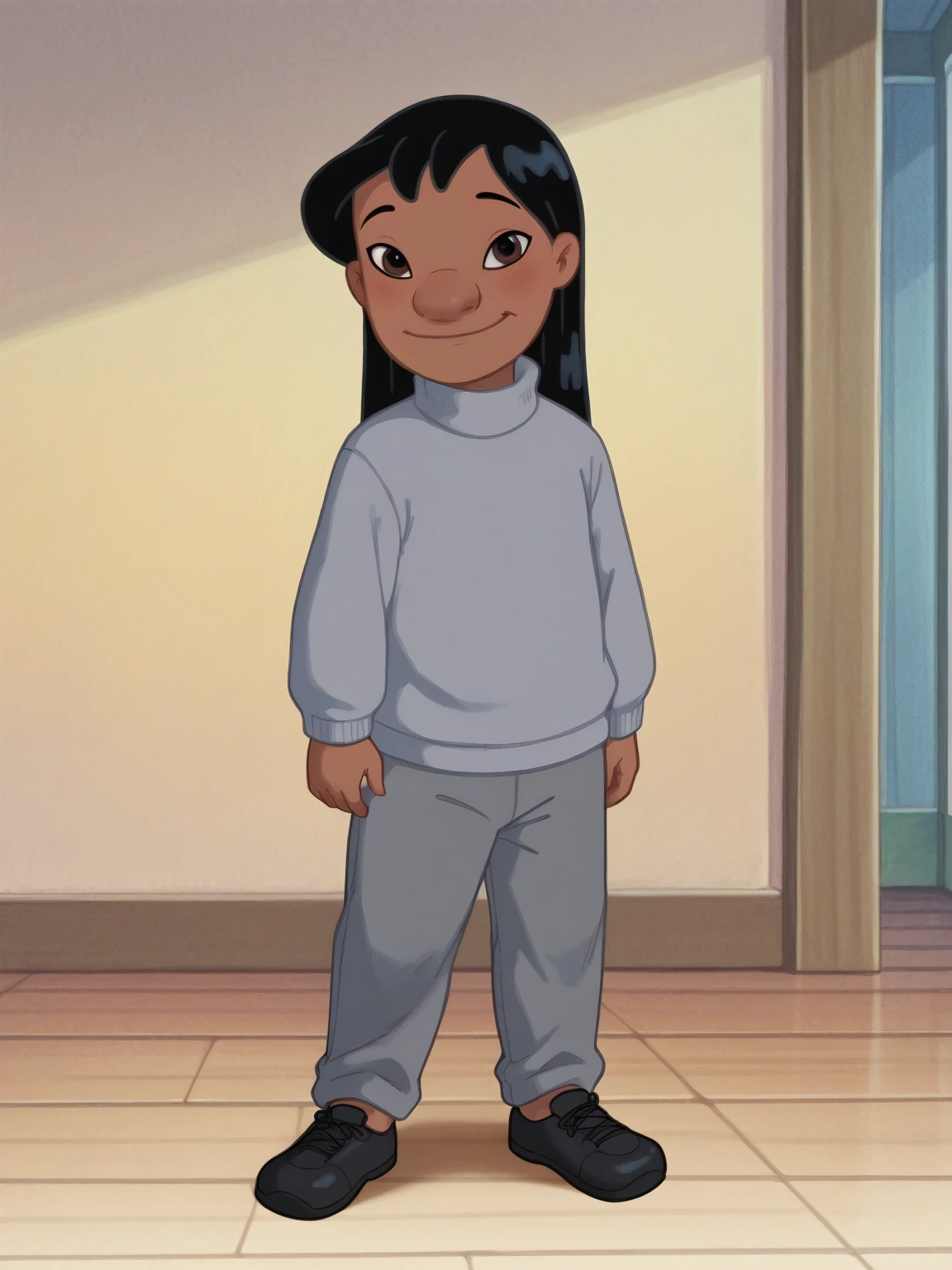 score_9, score_8_up, score_7_up, rating_explicit, source_anime,detailed skins, body blush,cowboy shot, flat chest,  highly detailed, body blush,cowboy shot, looking at viewer, perfect eyes,perfect hands, sidelocks,lilo, long black hair, brown eyes, dark skin, flat chest, gray turtleneck sweater , smile, gray sweatpants black shoes 