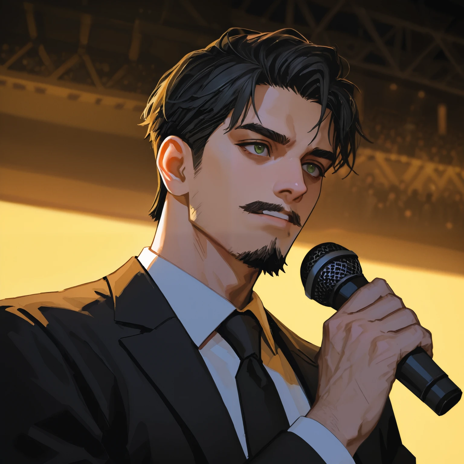 Solo man, black suit, Short hair male cut, stage, microphone in right hand and bible in left hand, goatee, green eyes, calm expression, Moustache