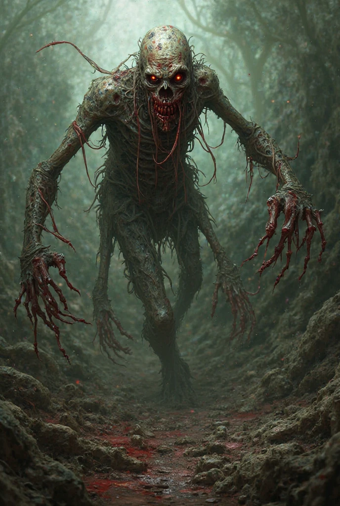Masterpiece, highest quality, (high detail:1.2), creepy corner, phobia scene, bodies, corpsets, rotten meat, rotten skin, zoombie, blood, creepy, broken bone, bones, skeleton, a lot of dried blood and clots death, horror, obscure , shadows, swamp, horrifying creatures body rotten, sharp objects, living death, zoombies, gore, rotten organs, guts, dark macabre, virus, viruses and spores, mutants, mutations, altered DNA, sunset, strange creatures, post-apocalyptic, amputations, trauma, beats, bites, lacerations, hematomas and teratomas, post-apocalyptic background,1girl, blood tears, post mortem eyes, strange, tear the skin, blisters, rotten, fungus, undeath, dirt, human waste.