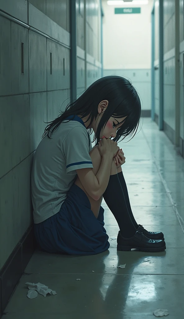 hospitals, girl,kneels on the ground,sad, crying, turn pale, eyes closed