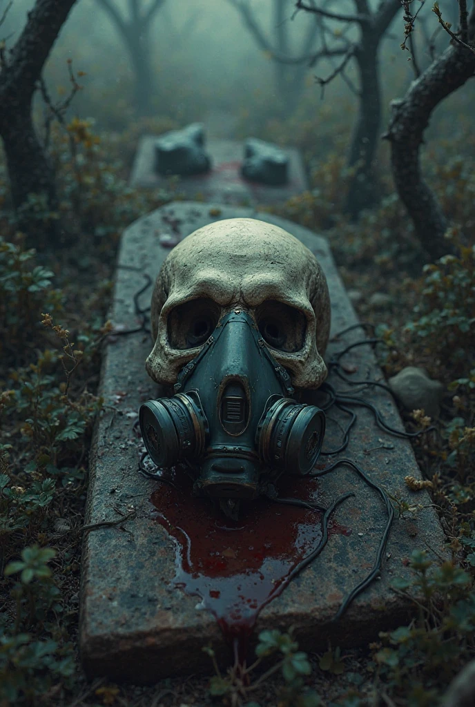 skull with spikes coming out of eyes, wearing a gas mask. with a morbid and empty look thrown into a pile of leaves