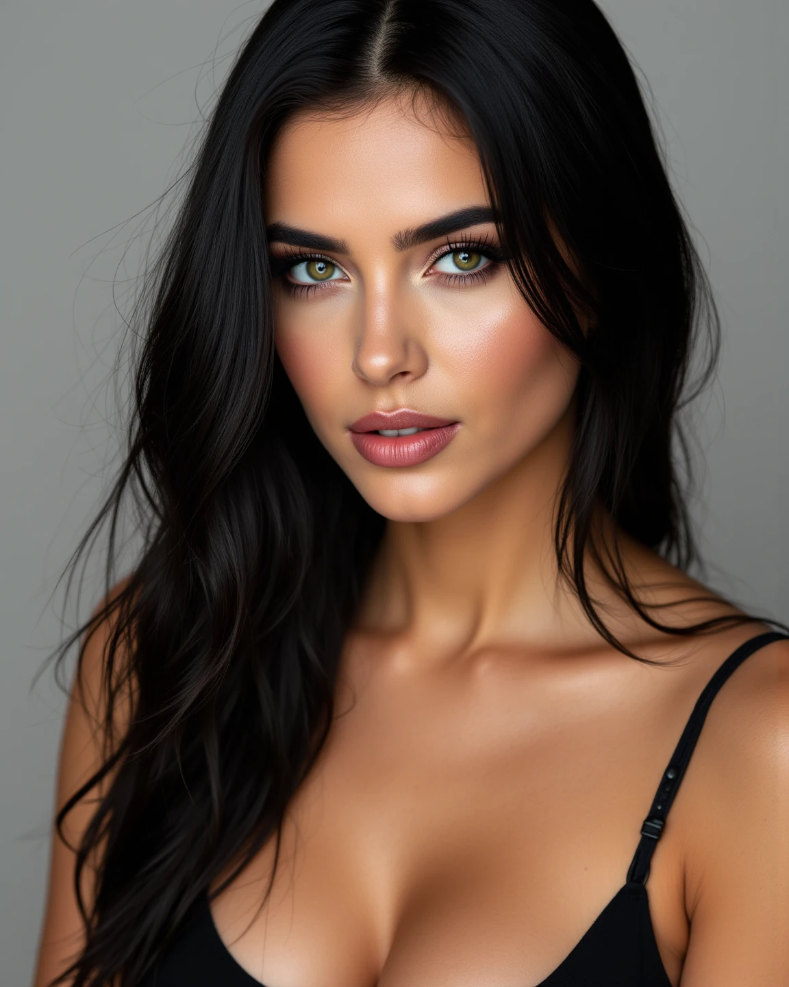 Chica de cabello negro, lacio, hasta la cadera, ojos azul oscuro, estilo sexy pero no tan destapado ropa oscura