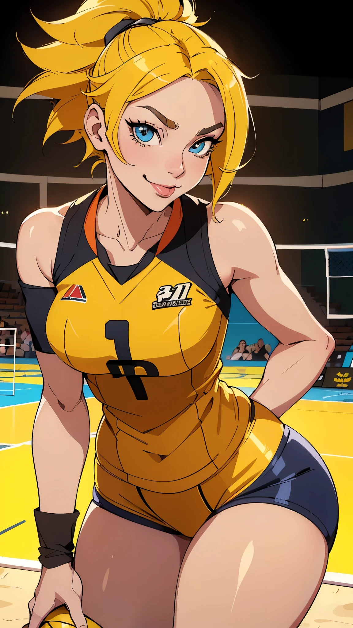 masterpiece, best quality, saeko tanaka, looking at viewer, yellow hair, yellow eyes color, very large breasts, upper body, portrait, seductive smile,both hands raised, armpits, armpits visible, sweaty armpits, wearing beach volleyball uniform, backround on beach