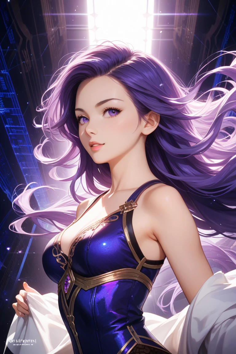 Portrait, beautiful woman with black hair and a silky purple dress, hourglass figure, symmetrical figure, highly detailed face, beautiful face, calming blue eyes, lush purple lips, smiling, alluring, stunning digital illustration, cosmic fantasy background, beautiful digital artwork, magenta lighting, glossy digital painting, gorgeous digital art, 4k detailed digital art, beautiful digital illustration, 4k highly detailed digital art, beautiful digital art, realistic digital art 4k, realistic digital art 4k, airbrush digital art