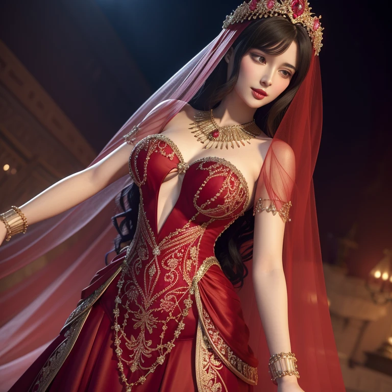 A woman in resplendent red is seated upon a pristine blanket of snow. She dons a long, transparent dress, its crimson hue shimmering through, revealing partially exposed shoulders adorned with intricate lace and delicate straps. The skirt of her dress is accentuated with artistic decorations and shimmering metallic elements, giving her an aura of formidable femininity and warrior-like essence. Metallic armor accessories and raised belts grace her waistline, further emphasizing this regal amalgamation of power and grace.

Her hair cascades down her back in a simple yet elegant style, framing her delicate and perfect facial features. Earrings ad