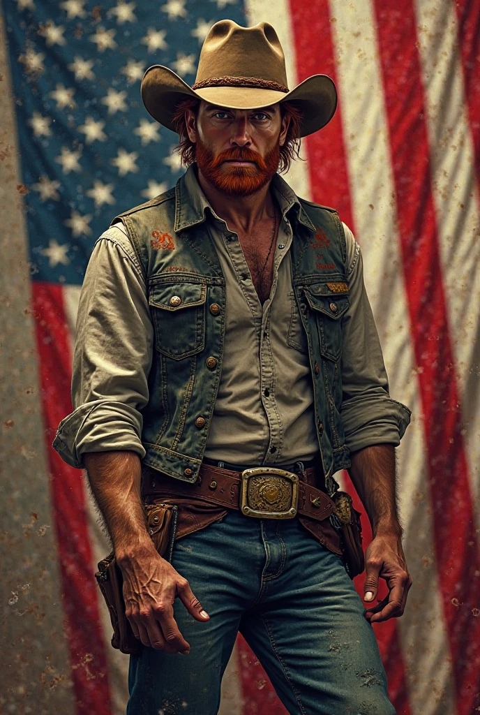 Fat Man, powerful with a beard, with the American flag and a green scarf against abortion, white skin, tattooed with Norse symbols, Holding a mate, as for pets, they have a capybara and a reindeer