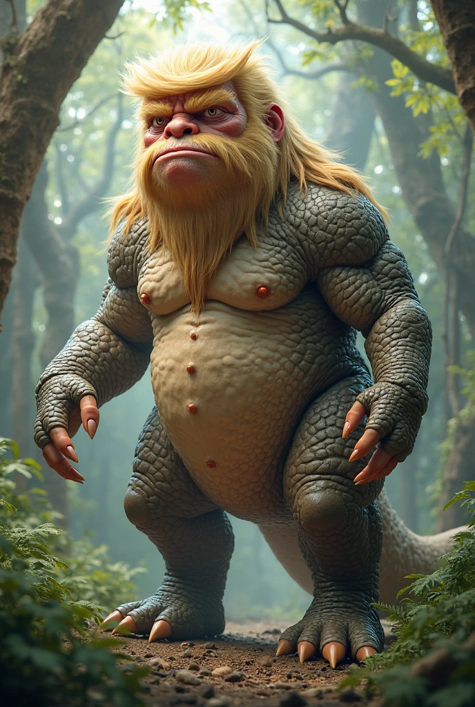 ultra-detailed, masterpiece, masterwork, high quality, best quality, hdr, nature, forest, nsfw, (solo), male, hairy dragon, chibi, (red little body dragon), (nude), (chubby body), (long golden hair), (yellow eyes), standing, dynamic angle, (foreskin, detailed penis perfect balls)