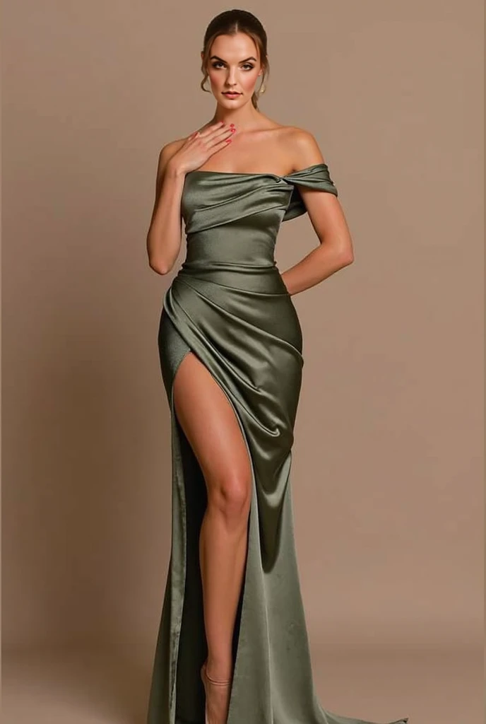 A wedding bridesmaid wearing a military green dress, with yellow heels and a silver purse. The green dress has a side slit and the strap is only on one side.. The bottom is more rounded