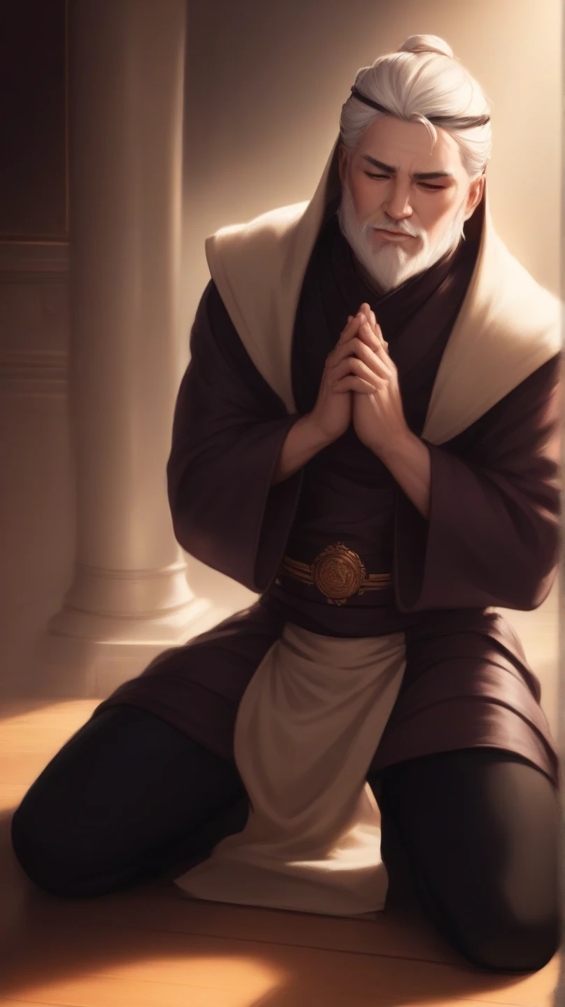 It was an ancient priest who was kneeling on the ground, unable to see his face clearly, muttering to himself, just a bald head, wearing a tattered gray robe, and some ancient fragments of bottles on the ground. There was black smoke around him.