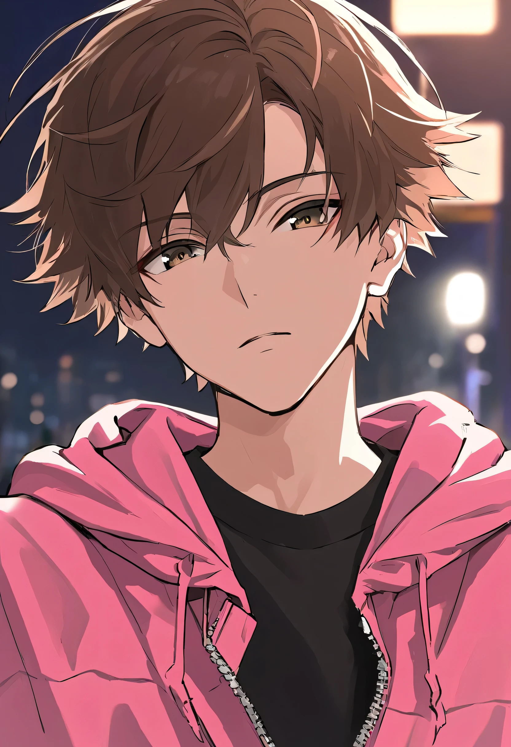 Male + brown hair + hazel eyes + pink hoodie (unzipped) + black T-shirt + solo + young adult + streets background + face shot