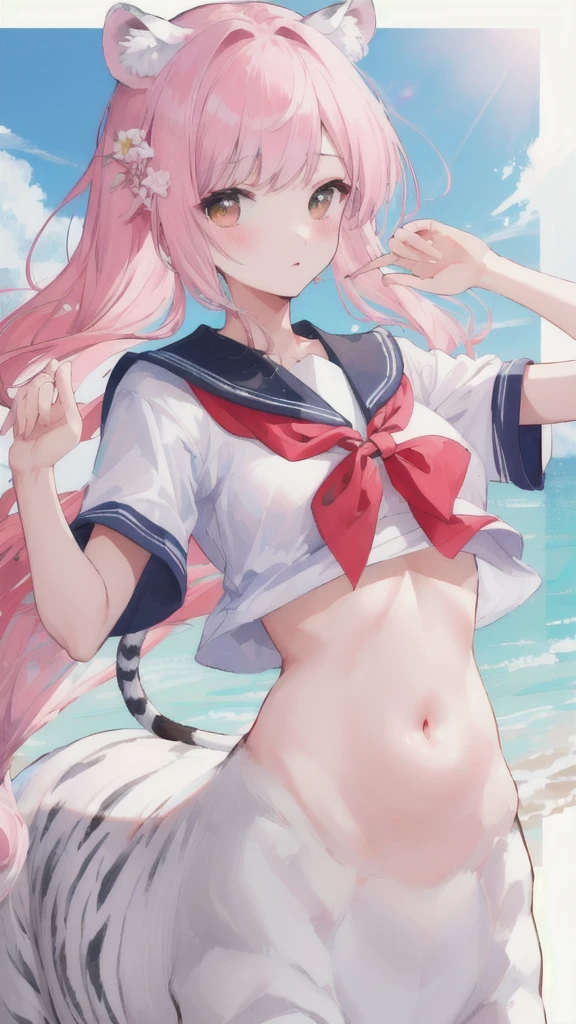 (best quality, masterpiece), 1 girl, centaur, I beg, White skin, Japanese schoolgirl,daughter,black pink, exposing the abdomen, belly button t-shirt , beautiful girl perfect, White tiger photo, Perfect pool photo