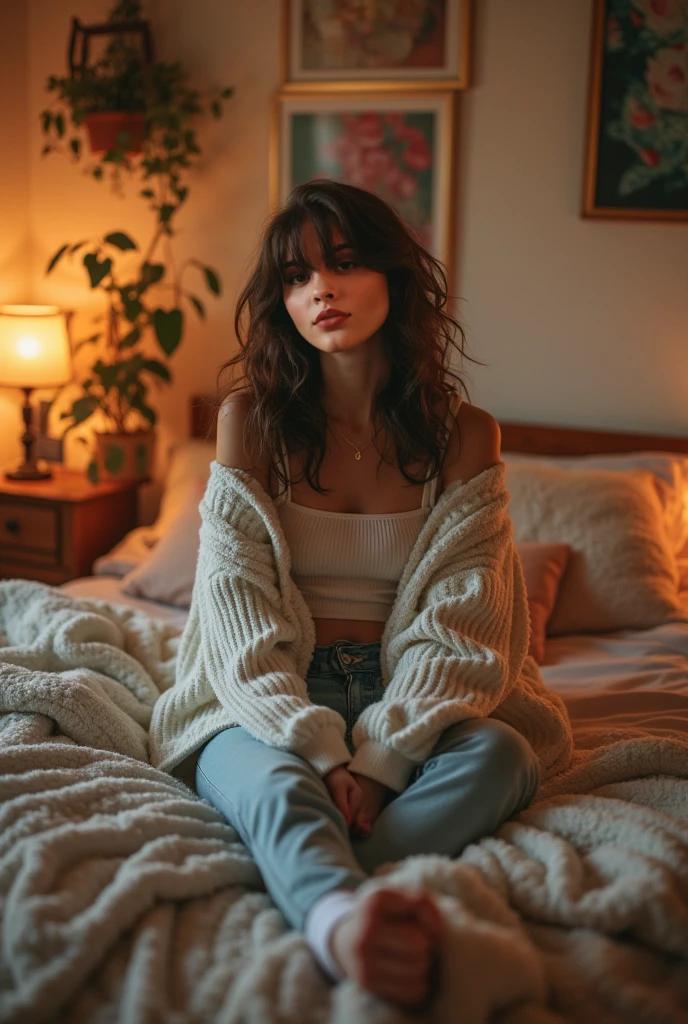 arafed woman sitting on a bed in a room with posters on the wall, an album cover by Jonas brothers, featured on tumblr, pop art, in her room, sitting in her room, chaotic teenage bedroom, in my bedroom, teenager hangout spot, posing in a bedroom, while posing in the same bed, 9 0 s bedroom, an 80's bedroom