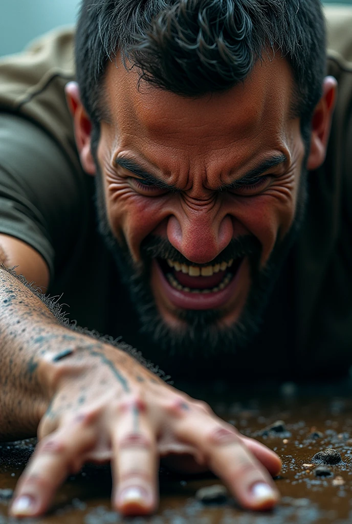 arafed man crawling in the sand with his hands on his face, portrait shot, covered in sand, dramatic action photography, his body buried in the sand, flying mud, awards winning, mud, motivational, actor, man carving himself out of stone, covered in mud, arian mark, face covered in mud, editorial image, action photography, face covered in dirt