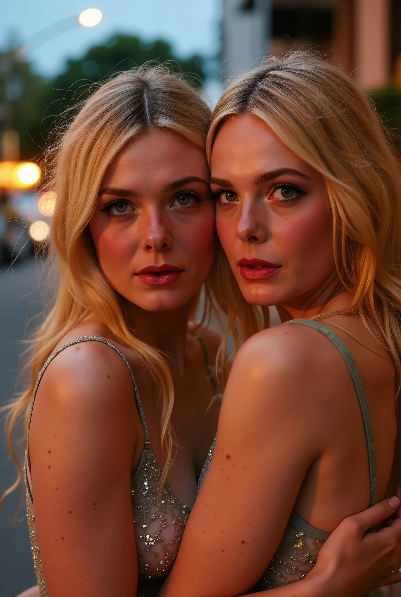 An Award Winning Cinematic Photograph, Princess, a realistic, close-up, cinematic documentary of 2 woman with vibrant blonde silk hair and eyes the hue of twilight, embracing the lively spirit of New Orleans, Louisiana, the city's music and history resonating with her adventurous heart,
