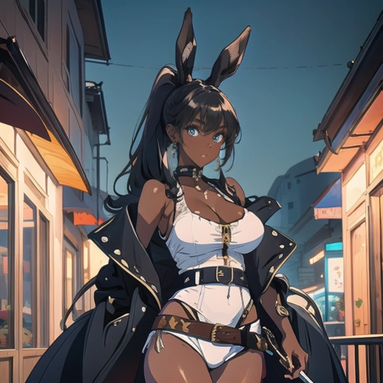 (masterpiece), best quality, highly detailed faces, (SHARP details), 4k, highly detailed, expressive eyes, SHARP detail expressive eyes, (SHARP detail perfect face), ((dark skin)), (bunny ears), (viera), ((black hair)), (choker) amber eyes, ponytail, wild tomboy hair, (large breasts), smiling, standing, (wearing cowboy outfit), 20 years old, deep cleavage, ((solo)), nice hips, curvy, tall woman, ((sweat)), outdoors, wild west town, wild west, white dress shirt, (gunslinger coat), brown coat, thighhigh boots, (female cowboy), ((revolver)), belt, revolver bullets in belt, black shorts, piercings, jewelry, (female sheriff), earrings on bunny ears, (full body shot),