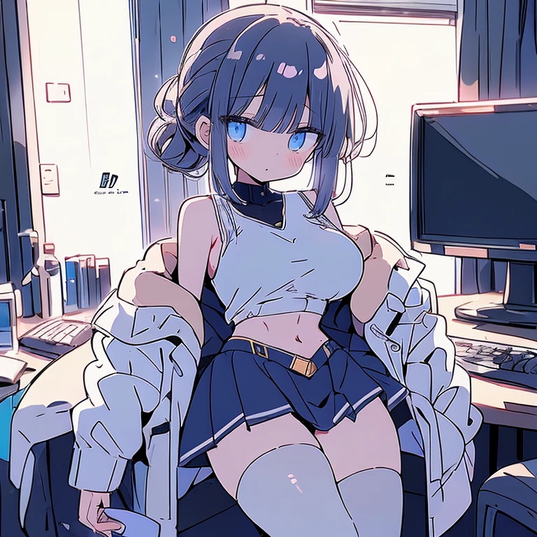 One Girl,Lower Bodyを上げる、 alone, ((White shirt)), Black knee socks, With pride, Cleavage,Black panties,Show off your panties to your audience,Spread your legs wide,脚をSpread your legs,I can see your pants,Spread your legs and show me your panties,Her shirt was turned up、Bra is visible,Spread your legs,Black bra,Big Ass,Big Breasts,Low - Angle,Chair下からのアングル,Black pantyhose、 Cowboy Shot,uniform, officeの背景, Black Skirt, Pleated skirt, Very short skirt,pantyhose,office,E Cup, Look at the viewers, alone, Thighs ((masterpiece)), sit, Chair, desk work, Computer on the desk, Name tag, ID Tag, in house, blush, Sexy pose、Lower Body