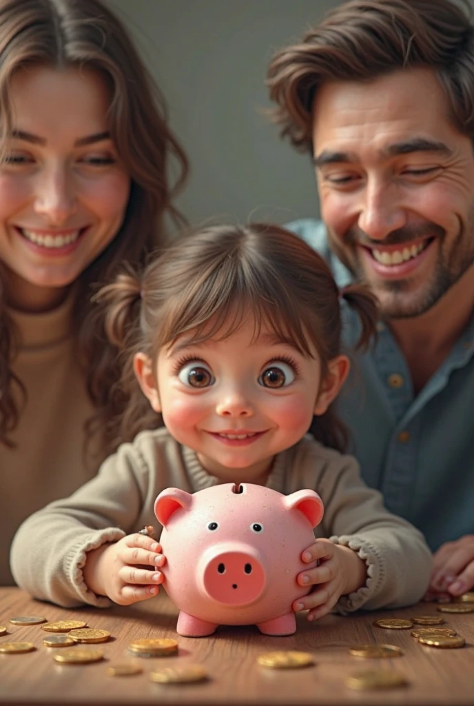 Photograph of happy Latino grandparents playing with their 2 grandchildren saving money in a pink piggy bank, Against a plain white background