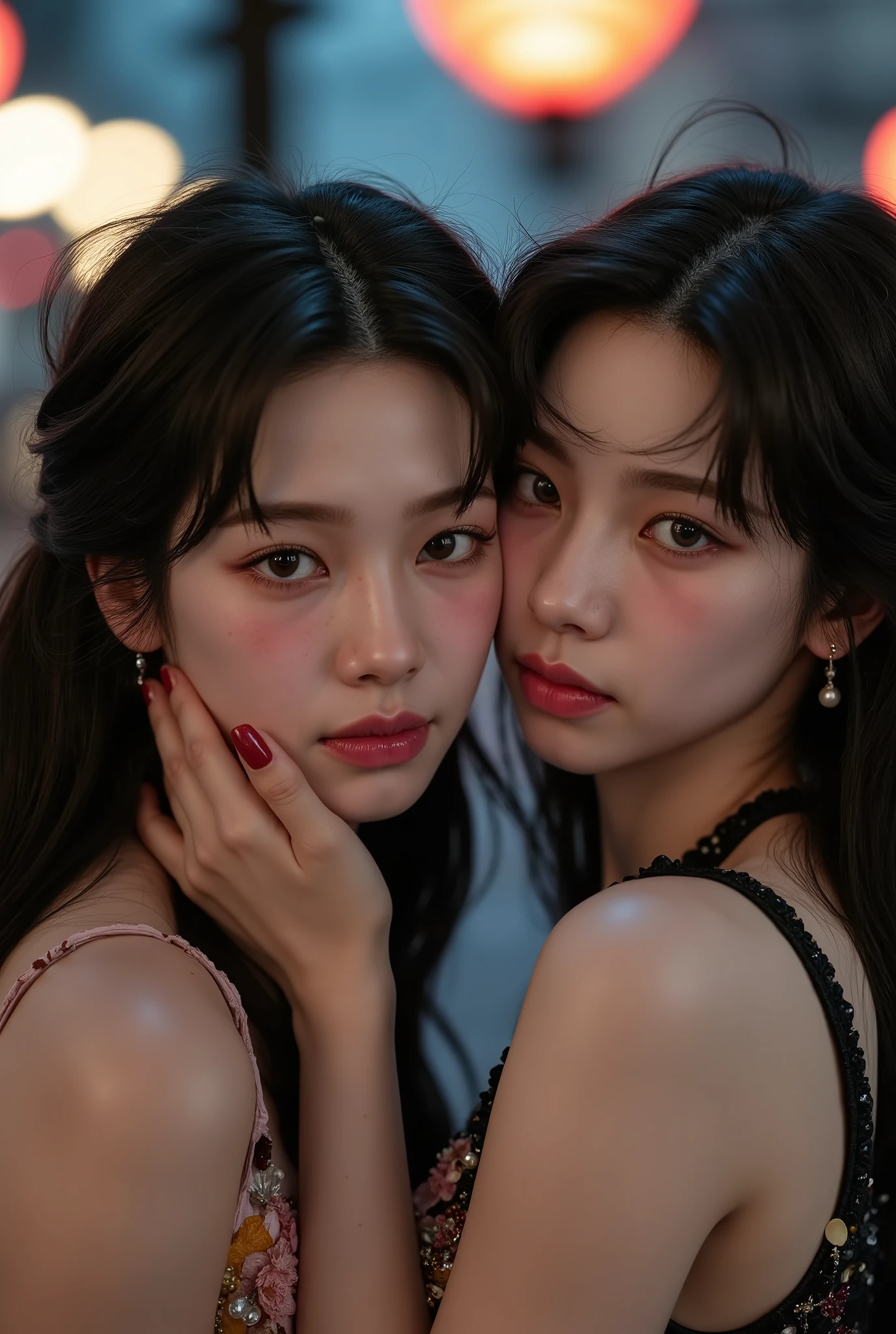 An Award Winning Cinematic Photograph, Asian Princess, a realistic, close-up, cinematic documentary of 2 woman with vibrant black silk hair and eyes the hue of twilight, embracing the lively spirit of New Orleans, Louisiana, the city's music and history resonating with her adventurous heart, 