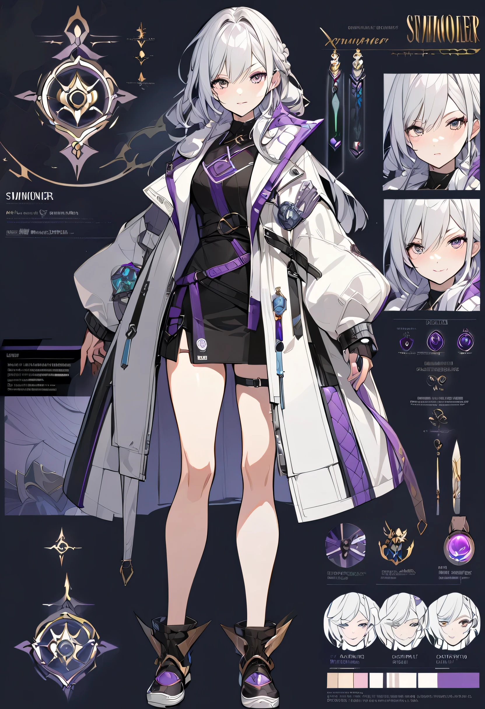 Virtual Character Design,concept character sheet, face, modern design, 1 woman,Summoner ,