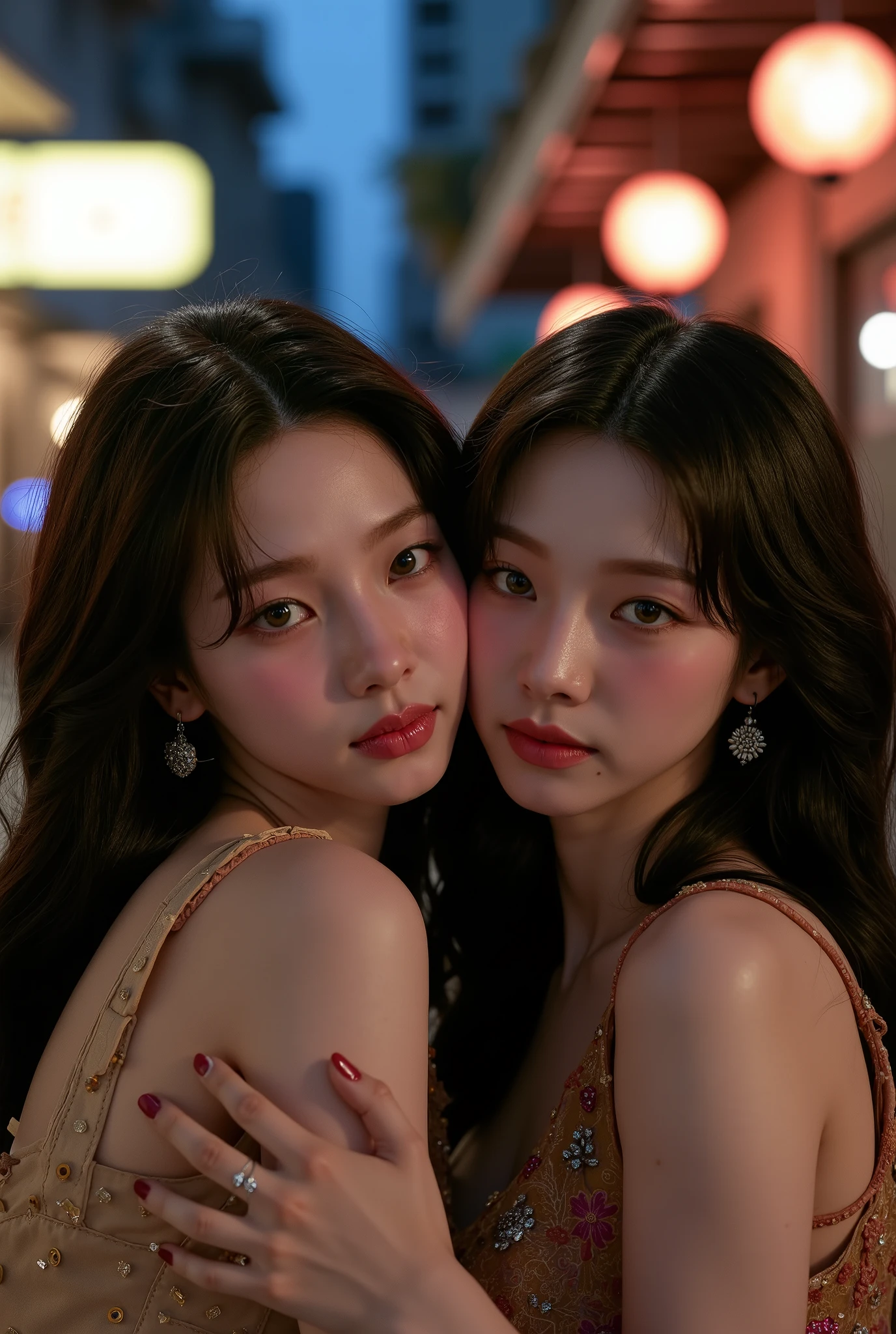 An Award Winning Cinematic Photograph, Asian Princess, a realistic, close-up, cinematic documentary of 2 woman with vibrant black silk hair and eyes the hue of twilight, embracing the lively spirit of New Orleans, Louisiana, the city's music and history resonating with her adventurous heart,
