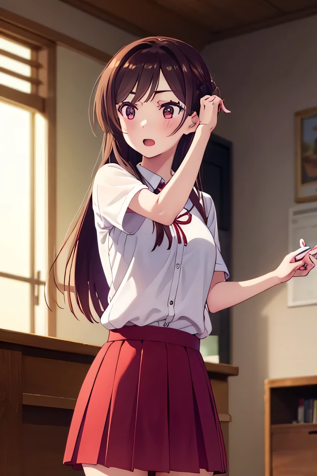 Chizuru Ichinose, 1 man, 1 girl, scholar uniform, red skirt, white shirt, in a living room, masterpiece, ultra detail, long loose hair, standing, singing, sexy