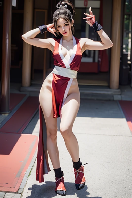 Woman in blue and red cheongsam standing on a rock by the sea, 《dragonball》Kiki in , posing ready for a fight, mai shiranui, elegant cinematic pose, fighting game character, character posing,Shawl hair,black suspenders stockings,Patent leather red soled high heels