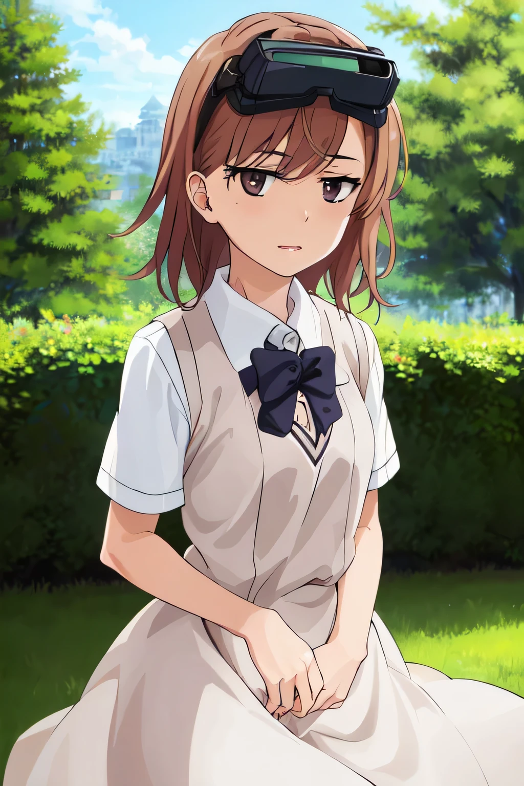 cowboy shoot, MISAKA 10032, tokiwadai school, uniform, goggles on head, gazing to viewer, jitome, jitome eyes:1.5, knowing look,  (extremely dlietailed CG, masterpiece, highres icon,absurdres,4K)