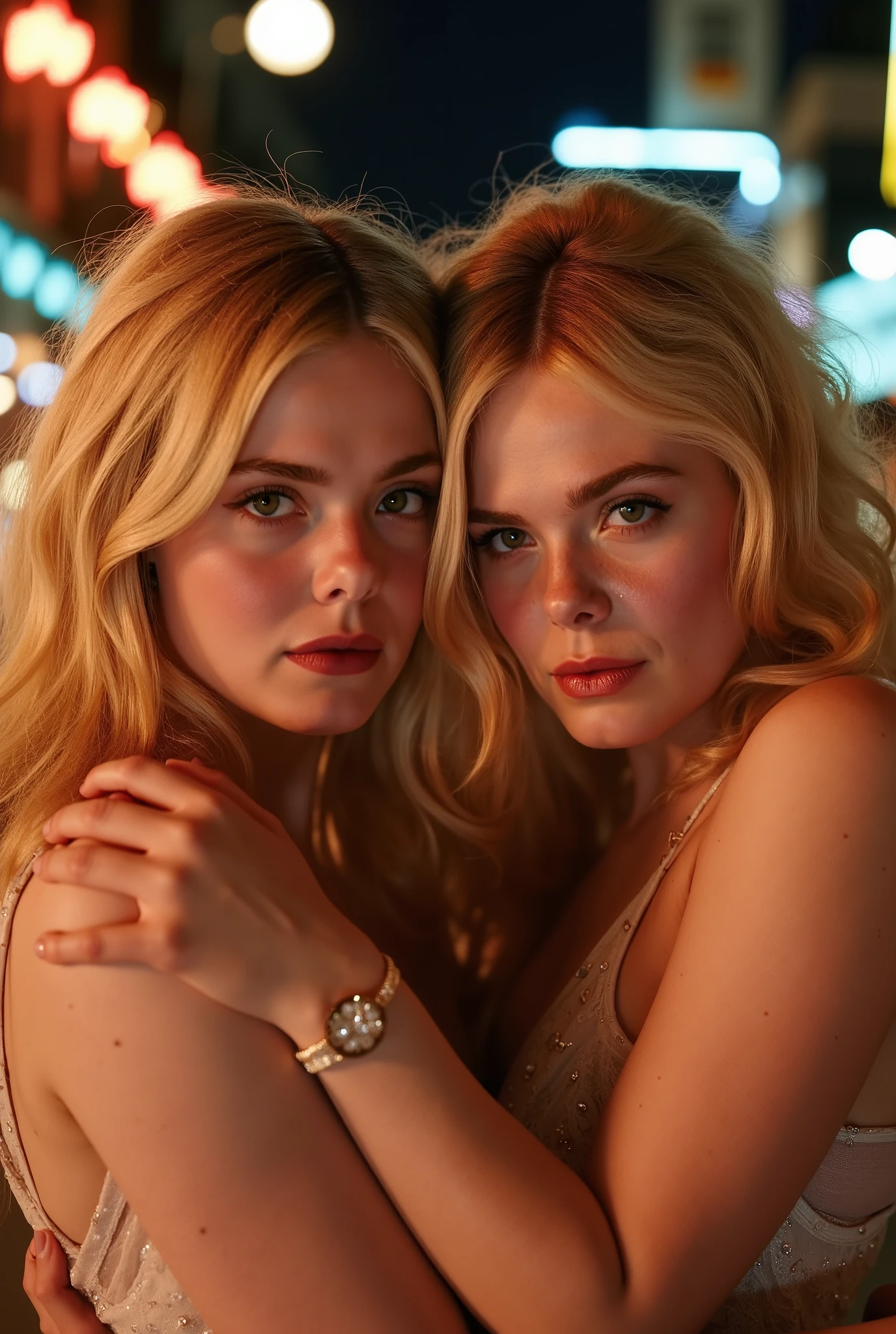 An Award Winning Cinematic Photograph, Princess, a realistic, close-up, cinematic documentary of 2 woman with vibrant blonde silk hair and eyes the hue of twilight, embracing the lively spirit of New Orleans, Louisiana, the city's music and history resonating with her adventurous heart,