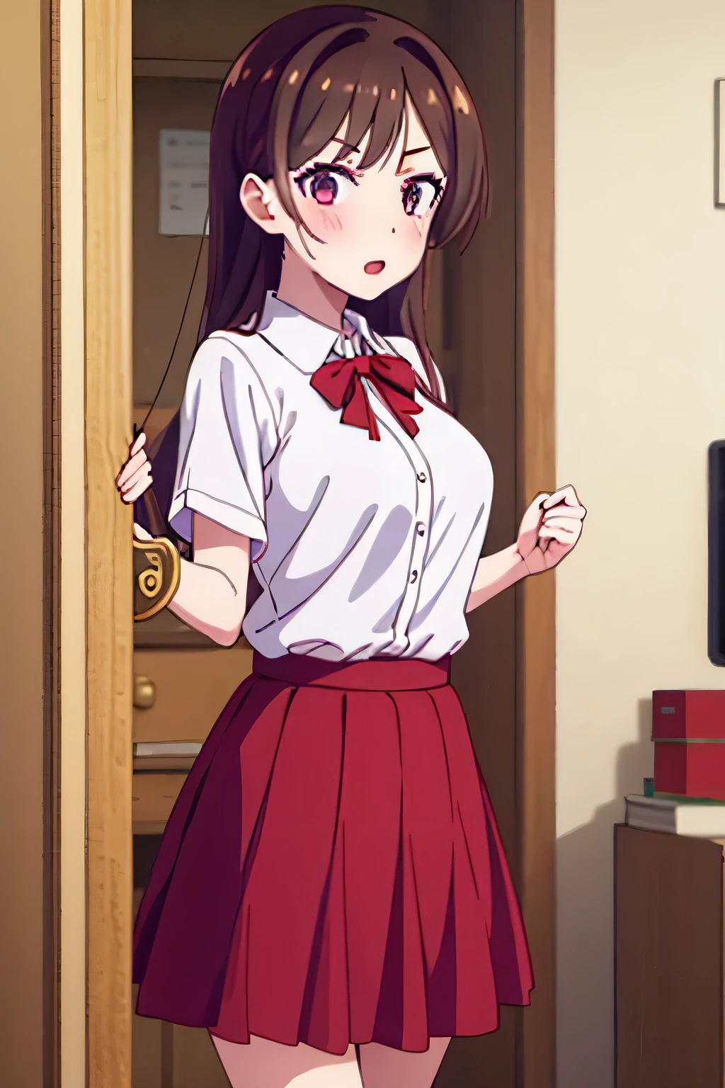Chizuru Ichinose, 1 man, 1 girl, scholar uniform, red skirt, white shirt, in a living room, masterpiece, ultra detail, long loose hair, standing, singing, sexy, open door