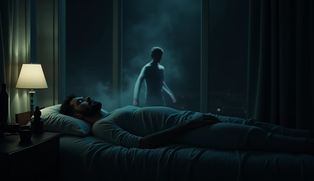 Latin man lying on his bed, open windows, evening, gloomy atmosphere, dark shadow approaches him, spider web in the form of steam on the window