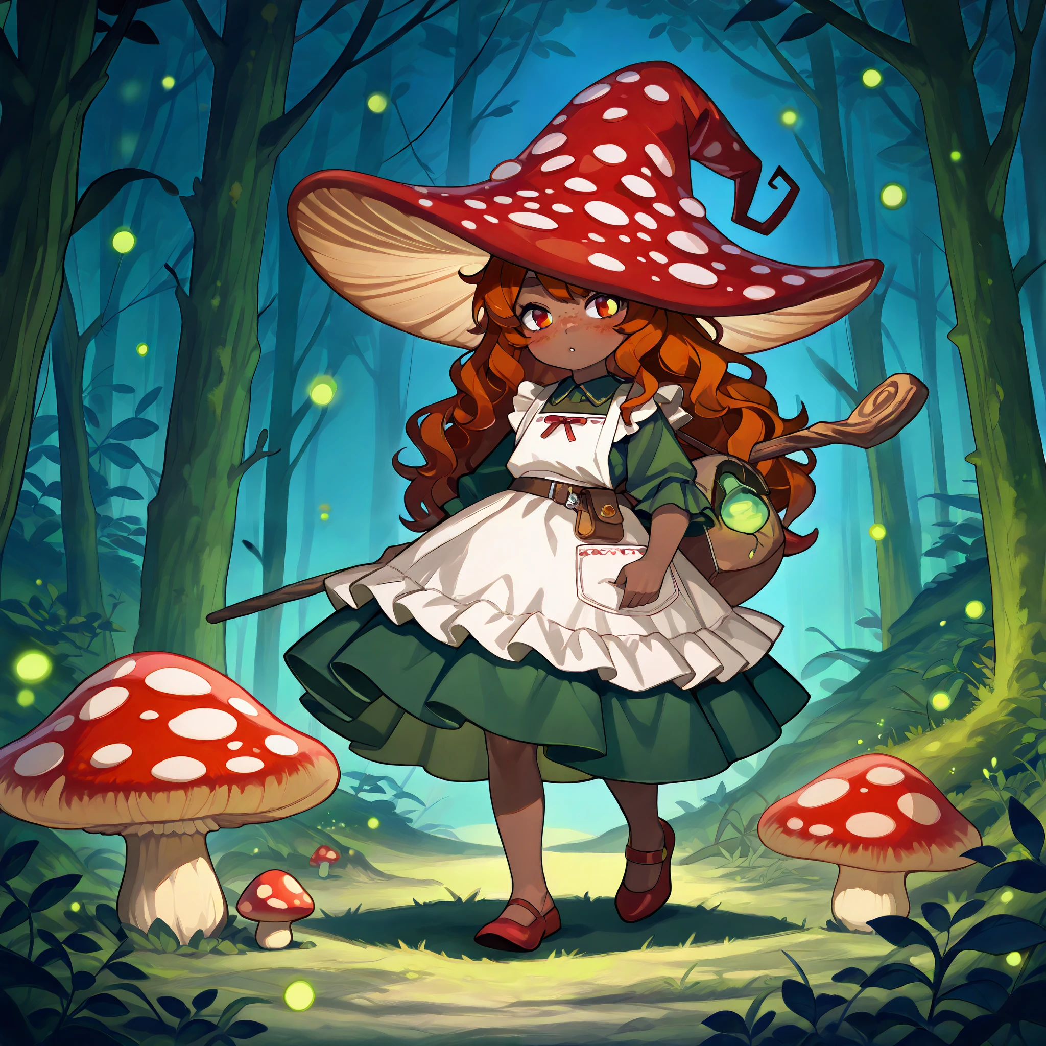 a Fungi Witch with tanned dark skin covered with freckles. She has yellow/scarlet eyes. She has loose ginger red wavy hair, long to her feet. Per witch dressing set: She wears swampy green medieval dress and an apron with two pockets. she wearing a potion belt. There is a bag over her shoulder with healing herbs sticking out of it. She has brown pointy witch's shoes. She wears a red fly Agaric hat on her head. In her hand she holds a staff in the shape of a tree branch overgrown with moss. she slowly walking in the mushroom grove where big mushroom-trees grow everywhere around the blooming swamp, fireflies are flying in the air.