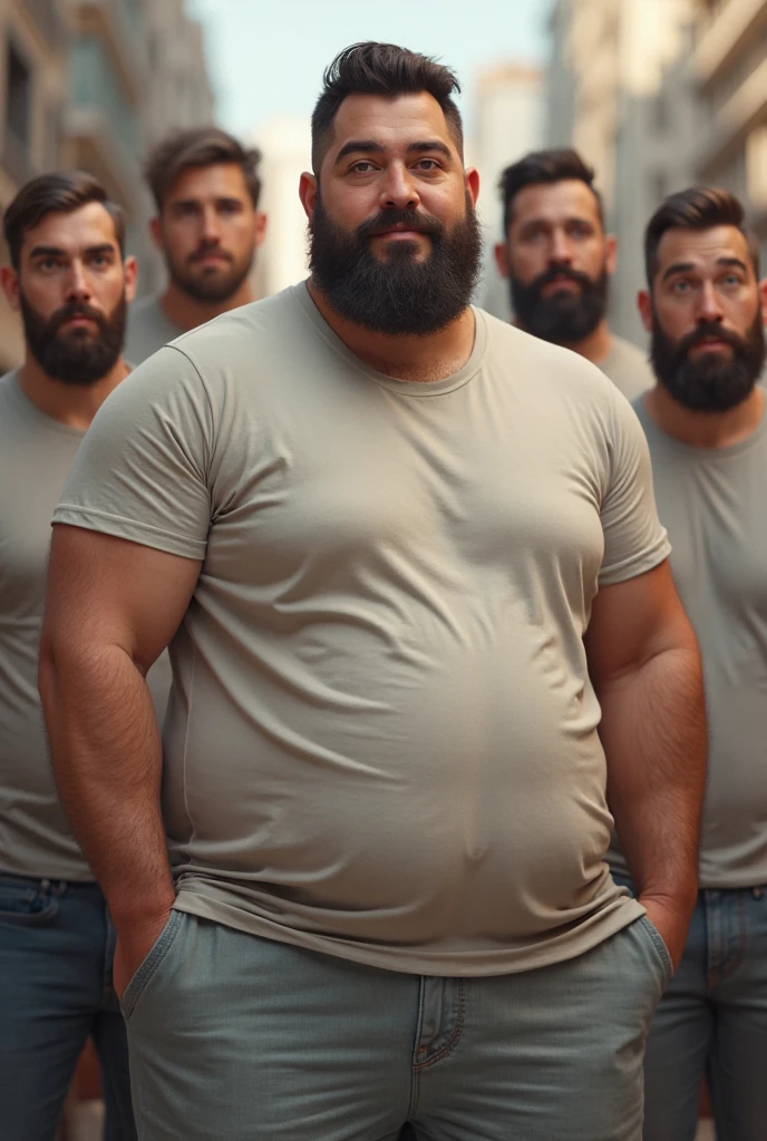 Young man has his belly getting bigger while he is chugging with funnel. He is sitting on the ground of a fire station. Belly expansion, over inflated belly, belly inflation, bloated belly, huge size belly, overweighted belly, weight gain. Rounded by five fireman shirtless encouraging the first man