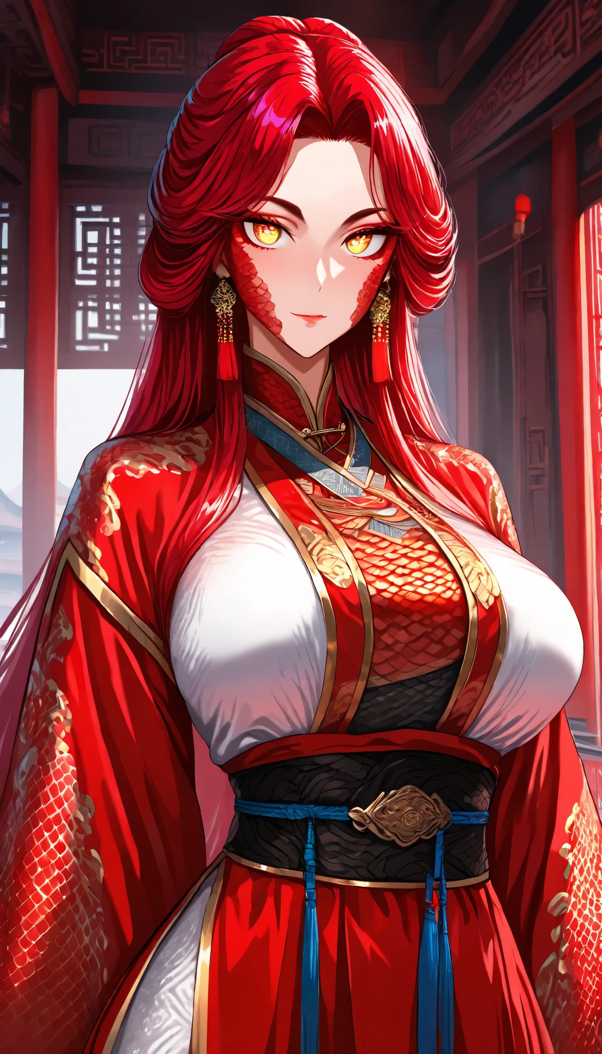 A Red hair Female(Red snake scales on her cheeks), No headdress, Perfect body, (Golden eyes with Snake pupils), Wearing A Red and White Taoist robe with Snake scale pattern, Open pose, jitome, In a Chinese palace, UHD, SOLO, anatomically correct, masterpiece, textured skin, high details, highres, 1080P, 16k, accurate,Beautiful face, Perfect face, Highly detailed beautiful face and eyes, Attractive face, Detailed face, Delicate facial features, Detailed skin,Cowboy shot,((hbig bosom))