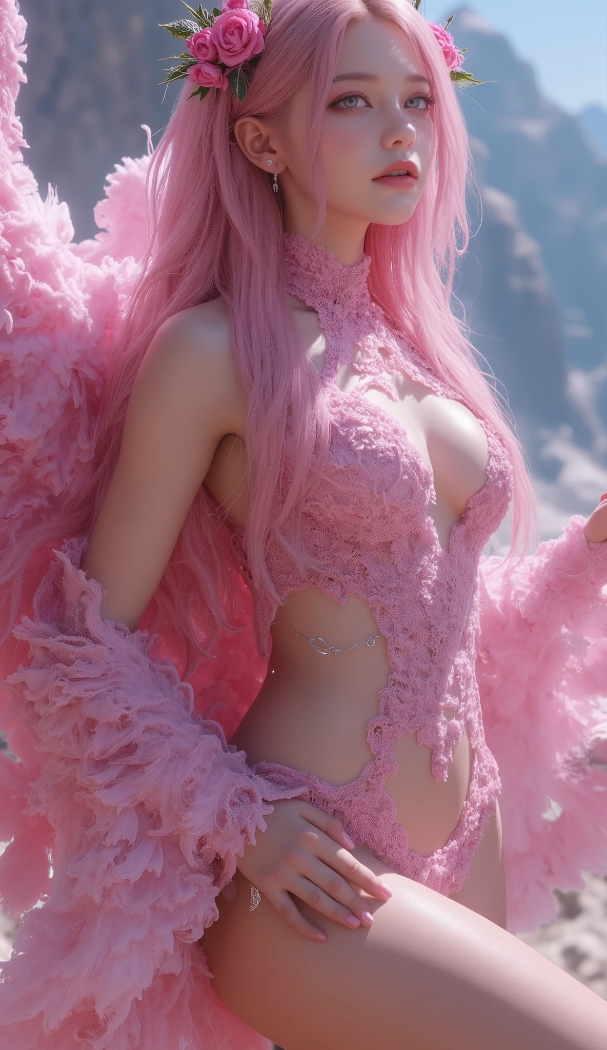 1 girl,Alice,(fluffy:1.7), (fitting fluffy feather lacedress:1.4),(permanent, model pose:1.2),jewelry,grace,(((red lips))), Lips slightly open, lustful smile,  clavicle,(huge breasts),Charming cleavage,((8k, original photo, top quality, masterpiece), HD RAW color photos professional close-up photos, (actual, photorealism: 1.37), (best quality), (best shade),  ((erotic, Sexy, ultra high resolution, HD CG unified 8K wallpaper, Physically based rendering, movie lighting),alone,
