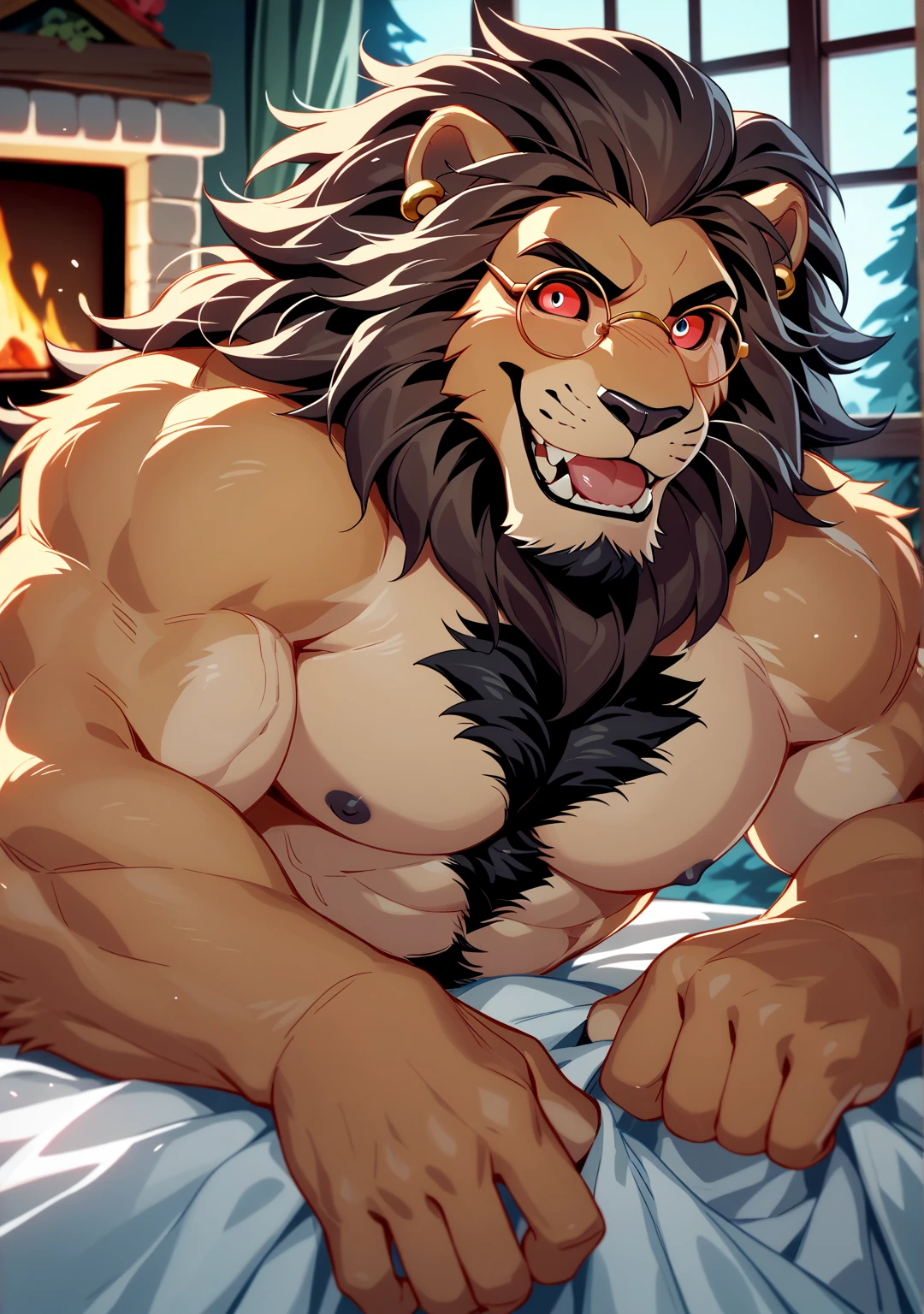 (masterpiece, 4K, ultra detailed), lion furry, masculine, muscular, lean, single, front view, lying, white bed, naked, shy, cumshot, huge load of cum, brown penis, pink glans penis, balls, red short hair, two blocks haircut, cartoony, anime, teenage, black glasses, green eyes