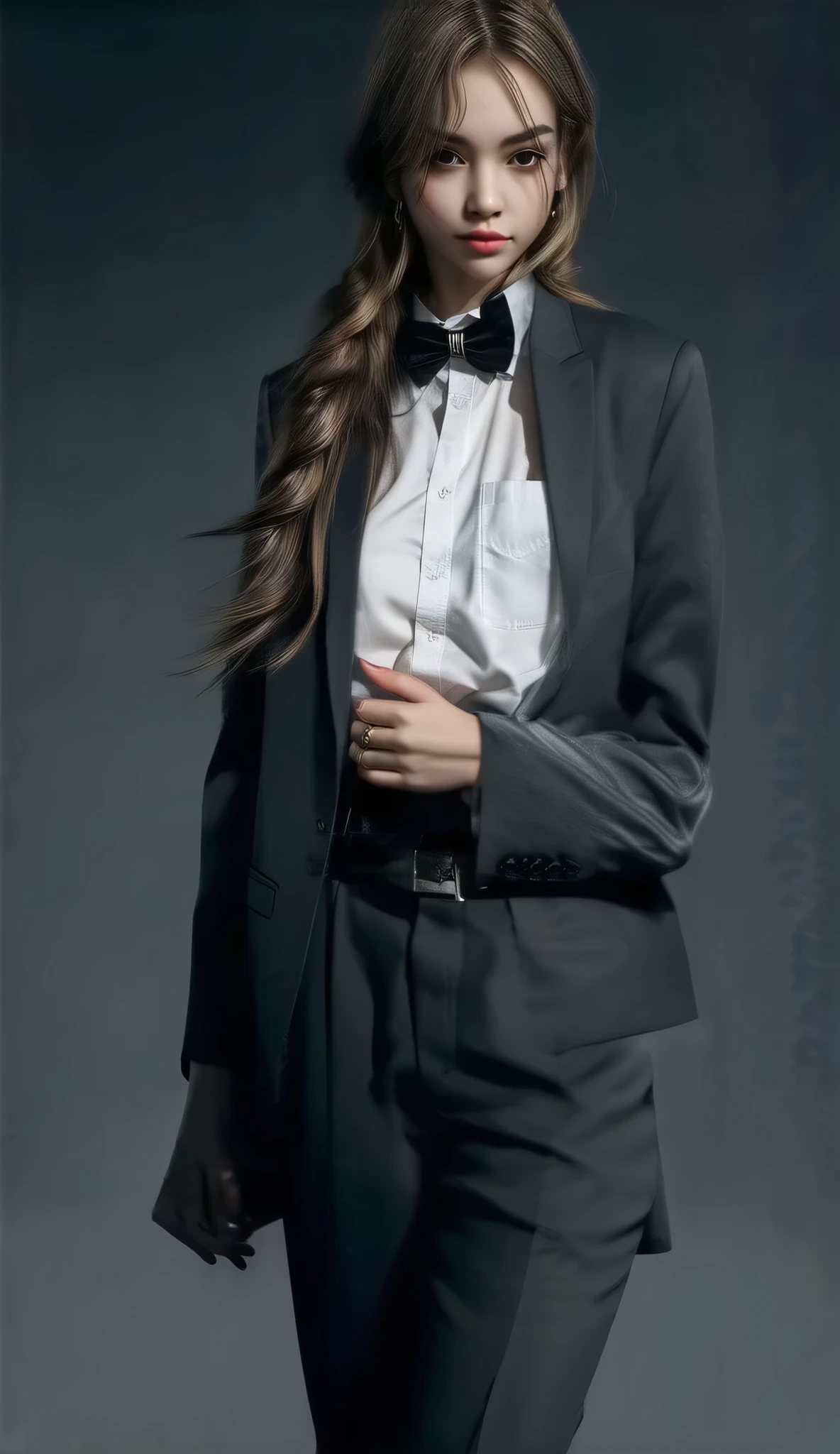 Ludmilla Von Friek, a girl with Front view of a blazer, tailored fashion design, featuring a bowtie and pocket square at the lapel, shot from a side angle, designed by Calvin Klein, refined color scheme, Backlight, clean and gray background, Unreal engine, V-ray.